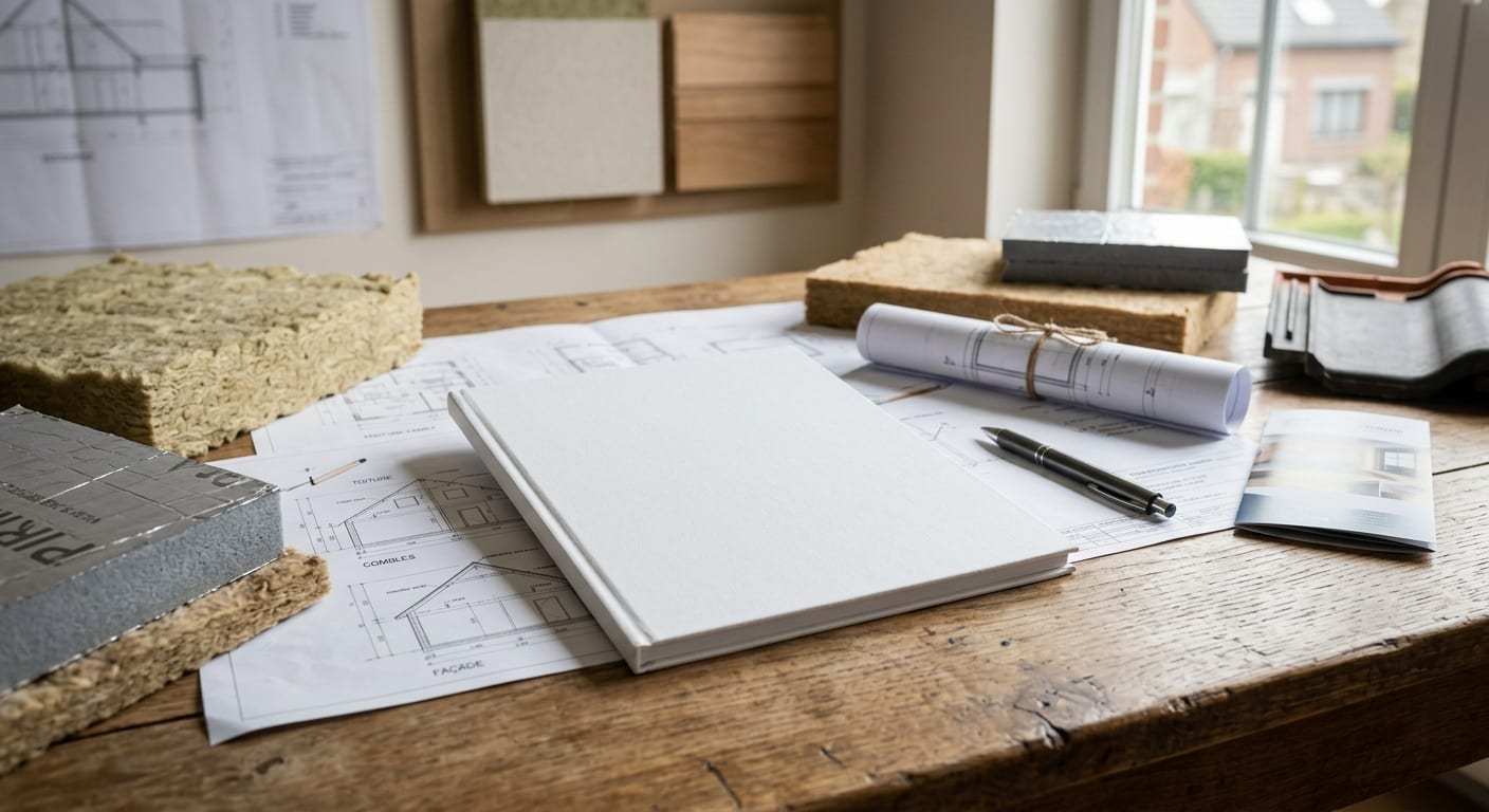 Livre blanc guide rénovation énergétique posé sur une table en bois avec plans de maison et échantillons d'isolants thermiques