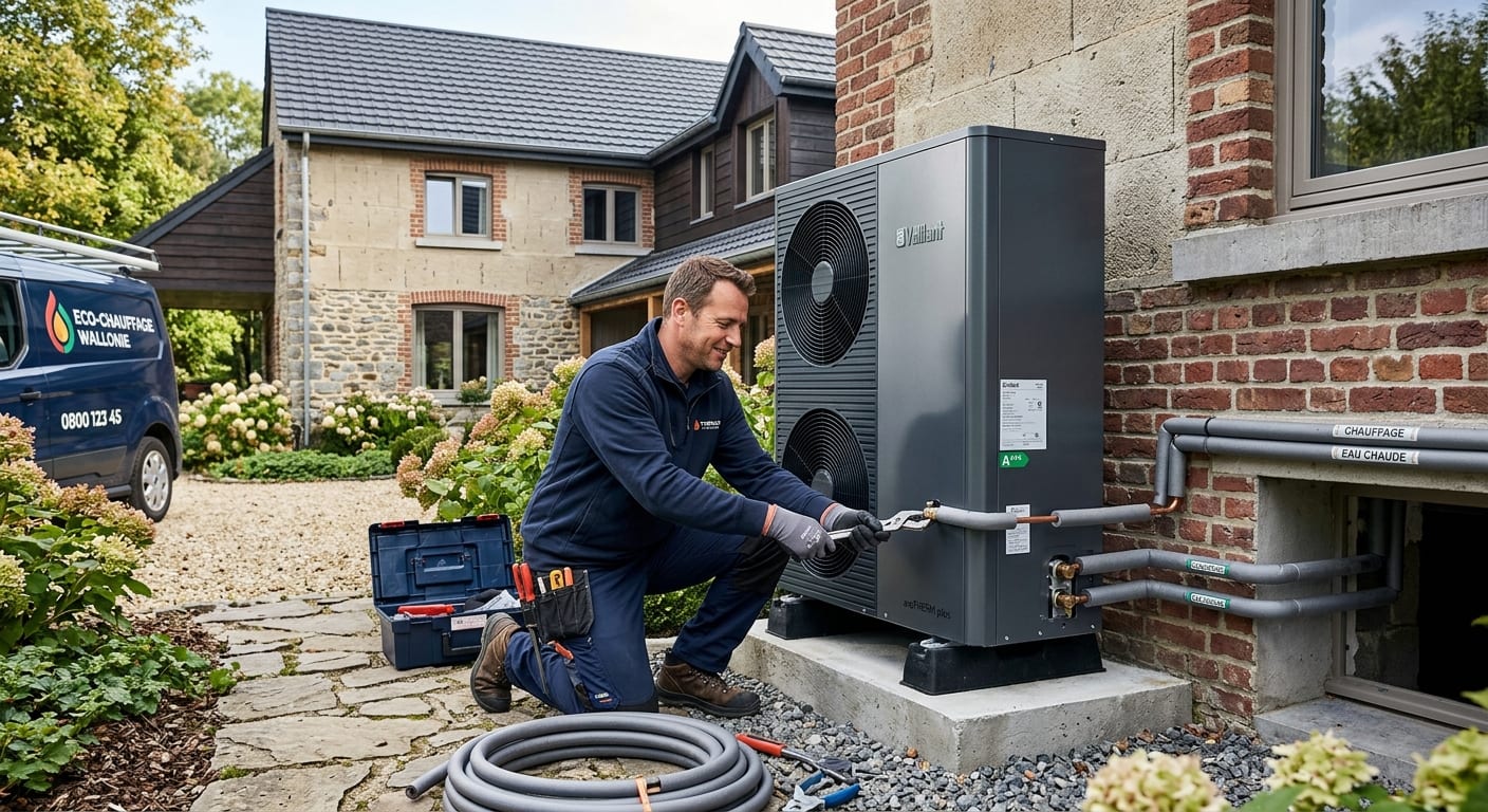 Technicien qualifié installant une pompe à chaleur air eau moderne raccordée aux tuyauteries d'une maison unifamiliale
